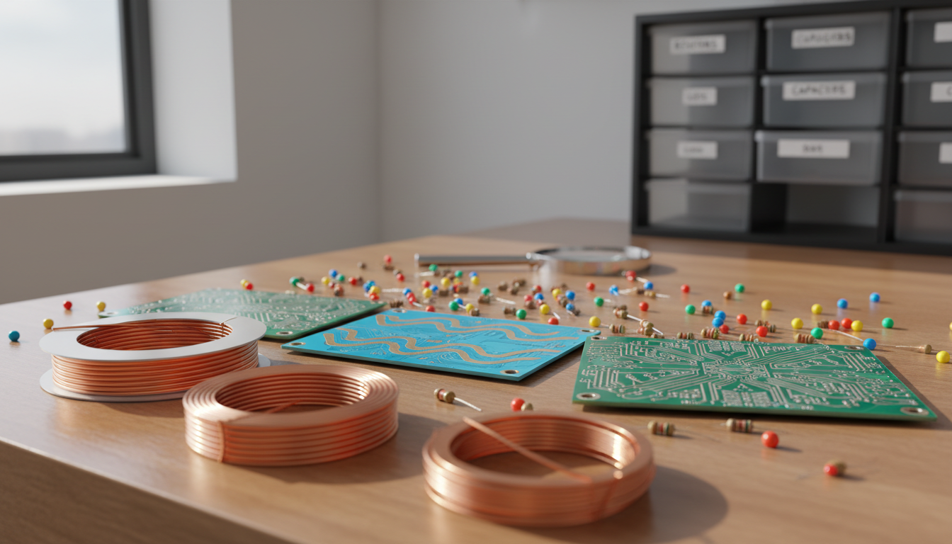 A meticulously arranged tabletop display of assorted electronic components, including shiny copper-spooled wire, vibrant blue and green circuit boards with intricate printed traces, and an array of colorful LEDs and resistors. The setting is a clean, wooden workbench set against a crisp, white wall, with small transparent drawers of labeled parts in the softly blurred background. Natural diffused window light highlights the textures and metallic finishes, casting subtle, inviting shadows. The atmosphere is calm and inspiring, evoking creativity and precision. Captured from a slightly elevated angle with a shallow depth of field, maintaining focus on the key electronic elements and creating a modern, organized, and approachable visual style fitting a specialized hobbyist electronics shop.